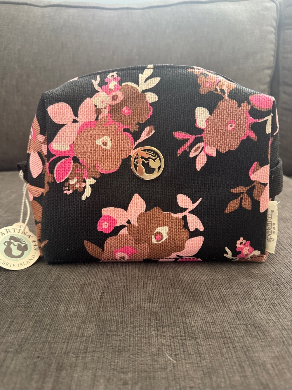Spartina 449 Floral Cosmetic Pouch - Black with Pink & Brown Flowers
